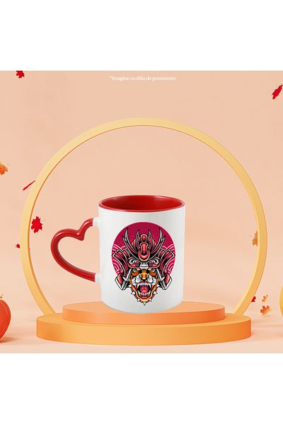 StoryGift Romania Mug With Tiger, Collar, Helmet, Samurai, Fighter, Asian, Multicolor 330 ml, Wax, With Heart Handle