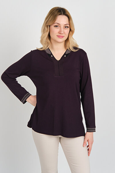 Detay Triko Ženska bluza sa V-izrezom i kragnom Sa kamenim detaljima dugih ru...