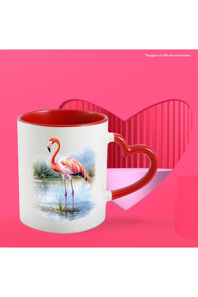 StoryGift Romania Cana Culac, Vegetatie, Plante, Pasare, Flamingo, Cer, Multicolor 330 Ml, Ceramic, Cu Maner Inim Stg