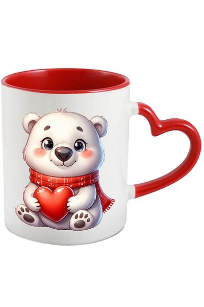 StoryGift Romania Cana cu un urs polar care tine o inima in brate | ilustratie | fular | imbujorat, Cu Maner Inim