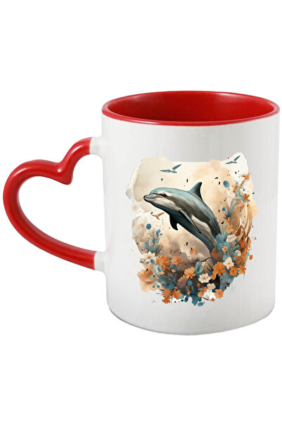 StoryGift Romania Cana Cu Delfin, Pasari, Frunze, Flori, Tomnatic, Mamifer, Multicolor 330 ml, Cer, Cu Maner Inim