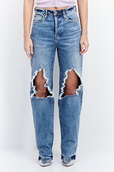 Earnest Sewn Women Regular Fit High Waist Rip Denim, Blue