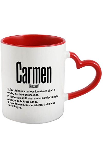 StoryGift Romania Cana Cu Numele Carmen, si Mesaj Amuzant, Curioasa, Sociabila, Galagioasa, 330ml,, Cu Maner Inim