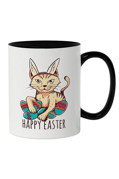 StoryGift Romania Mug with Cat with Bunny Ears, Colored Eggs, Happy Easter Message, Lovers, Black Handle