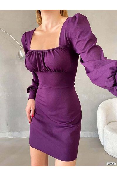 Modafeminen Rochie scurtă din țesătură creponată importată cu mânecă lungă cu detaliu pe spate violet 581476