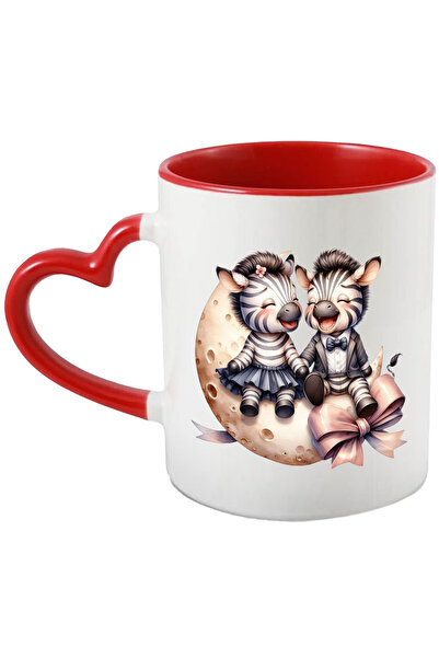 StoryGift Romania Cana cu 2 zebre care stau pe semiluna, ilustratie, funda, rad, se simt bine, pri, Cu Maner Inim