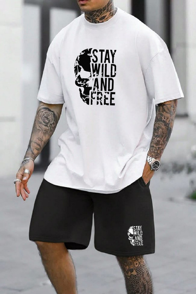 makiteks Set de 2 pantaloni scurți obișnuiți și tricou pentru bărbați de culoare uni Staywild