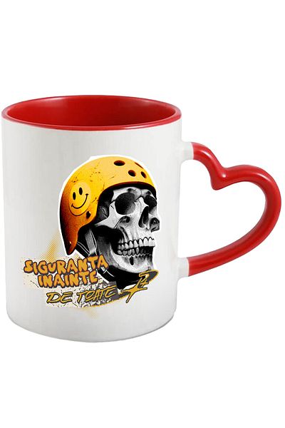 StoryGift Romania Cana Craniu uman cu casca de protectie sport adrenali, 330ml, Ceramica cu Maner , Cu Maner Inim