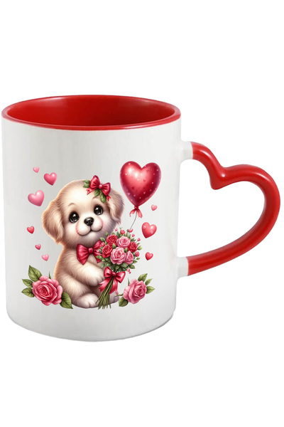 StoryGift Romania Cana cu un catelus vesel care tine un buchet cu trandafiri ...