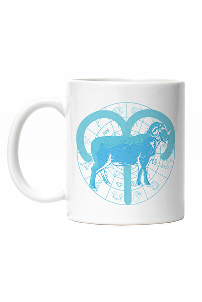 StoryGift Romania Cana Cu Semn Zodiac Berbec, Simbol, Mituri, Aries, Albastru Animal Cu Coarne 3, Cu Maner Alb