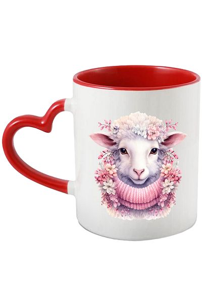 StoryGift Romania Mug with a sheep with a scarf | illustration | cold | popcorn | pink | white | nature | , With Heart Handle