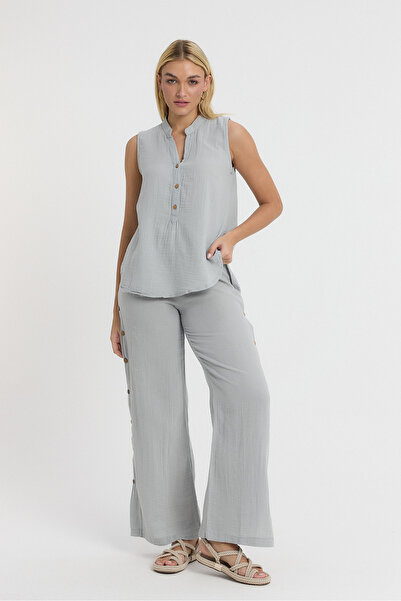 Heaven Ephesus Women's Blouse - Muslin Judge Collar Half Placket Sleeveless Blouse - 1070