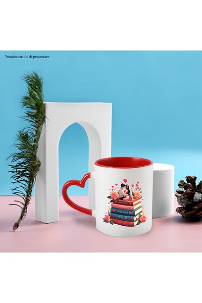 StoryGift Romania Mug with a girl and a boy sitting on a stack of books | illustration | heart, With ,STG.
