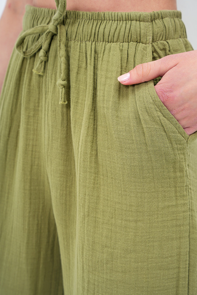 VAGGON Women's Khaki Double Pocket Elastic Waist Muslin Linen Trousers Prmx13992