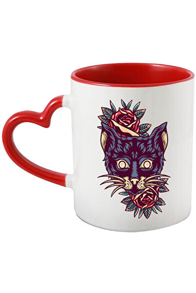 StoryGift Romania Cana Cu Cap De Pisica, Flori, Frunze, Petale, Retro, Multic...