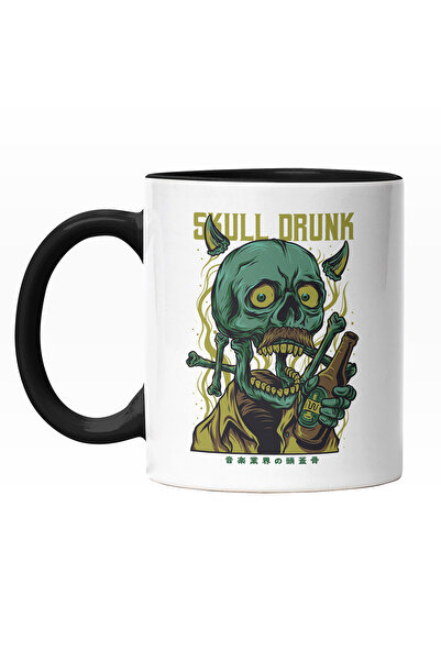 StoryGift Romania Cana Cu Portret Schelete Craniu Om Cu Camasa Portocalie Si Coarne, Sticla IN Man, Cu Maner Negru