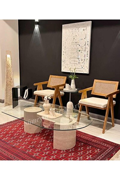 Sümeyra Marble Art HİLAL- TRAVERTEN SEHPA- YARIM AY & SİLİNDİR AYAK - CAM TABLA