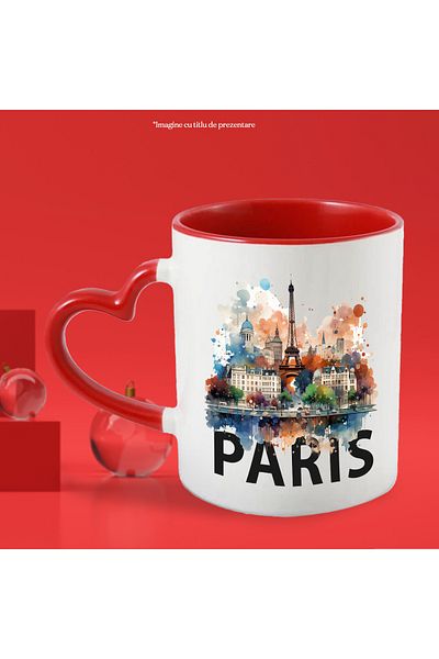 StoryGift Romania Cana Cu Turnul Eiffel, Franta, Oras, Rau, Masini, Copaci, Multicolor 330 ml, Cer, Cu Maner Inim