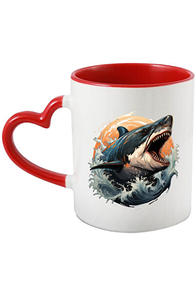 StoryGift Romania Cana Cu Rechin, Dinti, Valuri, Ocean, Apa, Apus, Animal, Multicolor 330 ml, Cera, Cu Maner Inim