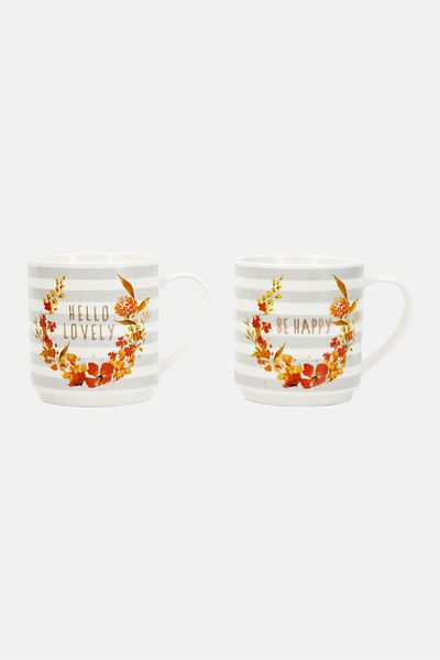 Creative Tops 2 Pieces Be Happy And Hello Lovely Fine China Stacking Mug 300 Ml, Grey