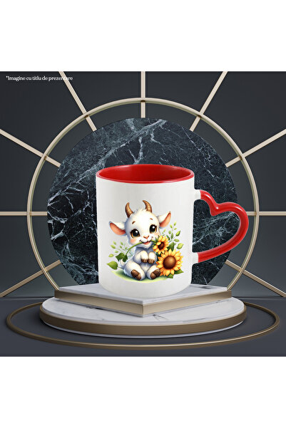 StoryGift Romania Cana cu un ied care tine o floare in gura, ilustratie, floarea-soarelui, natura,, Cu Maner Inim