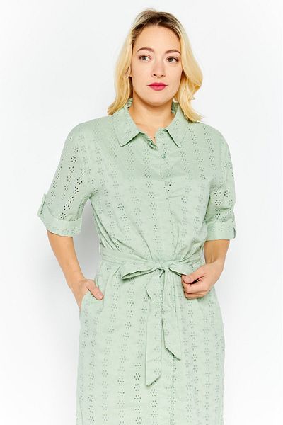 French Connection Women Embroidered Tie Waist Midi Casual Dress, Light Green