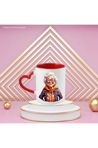 StoryGift Romania Mug with a cheerful granny | illustration | floral sweatshirt | glasses | like tin, With ,STG