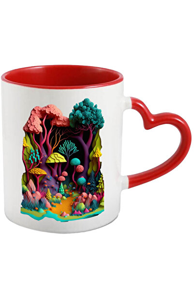 StoryGift Romania Cana Cu Padure Fantastica, Ciuperci, Culori stridente, Magie,Ceramica, 330ml, cu, Cu Maner Inim