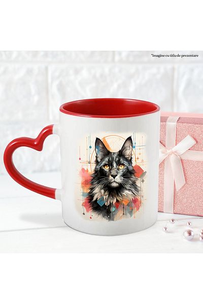 StoryGift Romania Cana Cu Pisica, Cub, Ilustratie, Geometric, Cerc, Dungi, Multicolor 330 ml, Cera, Cu Maner Inim STG