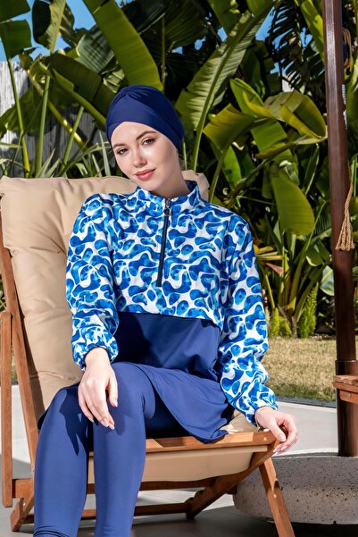Mayom Tam Kapalı Crop Model Mavi Desenli Tesettür Mayo - 2525