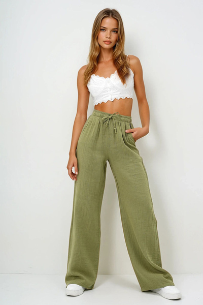 VAGGON Women's Khaki Double Pocket Elastic Waist Muslin Linen Trousers Prmx13992