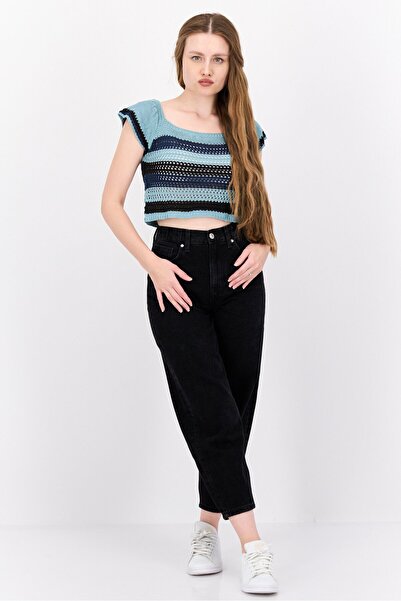 Bcbgeneration Women Square Neck Short Sleeves Knitted Top, Teal Blue