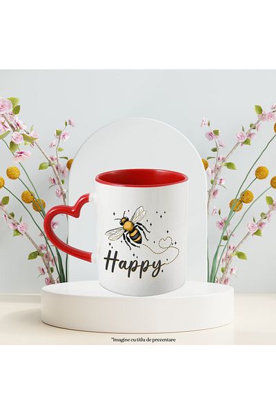 StoryGift Romania Cana Cu Albina In Zbor Cu Mesajul "happy", Fericire, Bucurie, Stelute, Insecta, , Cu Maner Inim Stg