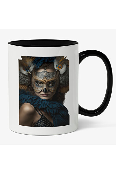 StoryGift Romania Cana Cu Portret Femeie Cu Masca De Pasare, Doua Pasari Trop...