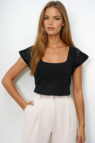 VAGGON Women's Black Square Collar Openwork Summer Knitwear Blouse Prmx14052
