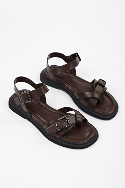 Shoeberry Women's Elina Brown Skin Belted Flip Flops Sandals