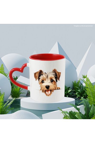 StoryGift Romania Mug with a brown puppy looking over the fence | illustration | surprised | barking bu, Cu,STG.