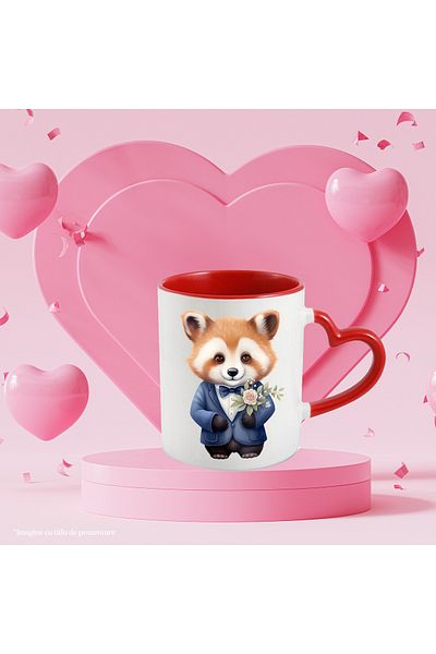 StoryGift Romania Mug with a cheerful Red Panda bear | illustration | jacket | shirt | bow tie | particles, With ,STG.