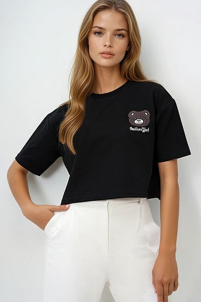 VAGGON Tricou negru pentru femei cu decolteu rotund cu motiv ursuleț de pluș Prmx13675