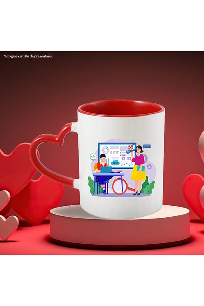 StoryGift Romania Cana Cu Birou, Marketing, SEO, Grafica, Lupa, Laptop, Multicolor 330 ml, Ceramic, Cu Maner Inim