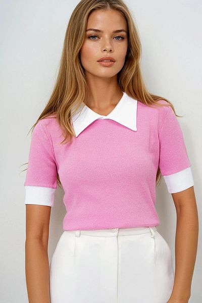 VAGGON Women's Pink Color Block Polo Neck Camisole Blouse Prmx14123