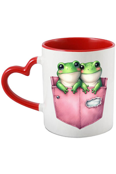 StoryGift Romania Cana cu 2 broscute care stau in buzunare, ilustratie, imbujorate, vesele, inghes, Cu Maner Inim