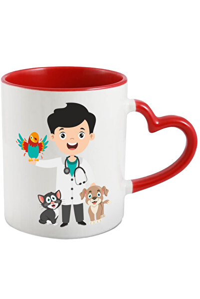 StoryGift Romania Cana Cu Veterinar, Papagal, Caine, Pisica, Halat, Stetoscop, Medicina, Multicolo, Cu Maner Inim