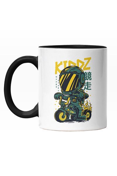 StoryGift Romania Cana Cu Silueta Om In Costum De Metal Pe Bicicleta, Copil Robot, Text In Engleza, Cu Maner Negru