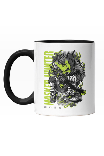StoryGift Romania Cana Cu Ninja Masca Stil Chinezesc, Text Verde Neon In Engleza Masked Hunter, A, Cu Maner Negru
