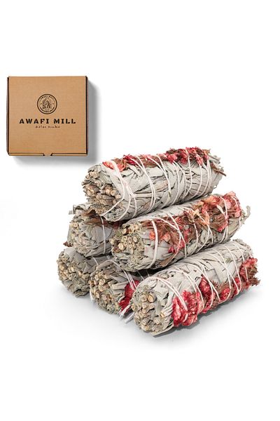 AWAFI MILL White Sage with Red Sea Lavender Floral Smudge Stick - Pack of 3 Stick