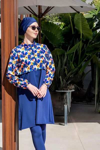 Mayom Fully Covered Crop Model Floral Patterned Hijab Swimsuit-2523