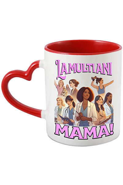 StoryGift Romania Cana Femei Puternice Text La Multi Ani mama! , 330ml, Ceramica cu Maner Inima Ro, Cu Maner Inim