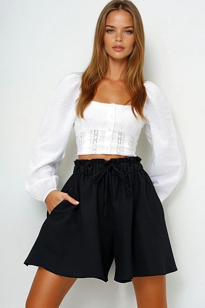 VAGGON Women's Black Double Pocket Tie Detailed Summer Woven Shorts Skirt Prmx14096