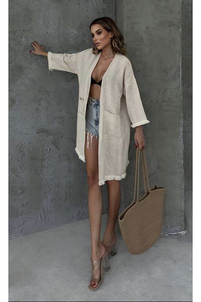 DİMA Long Sleeve Tasseled Linen Blended Cardigan with Pockets